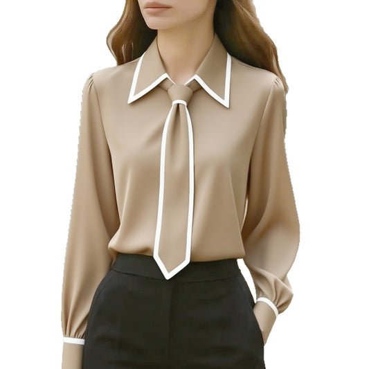 Autumn Fashion Solid Color Commute Tie Long Sleeve Shirt Women's Clothing
