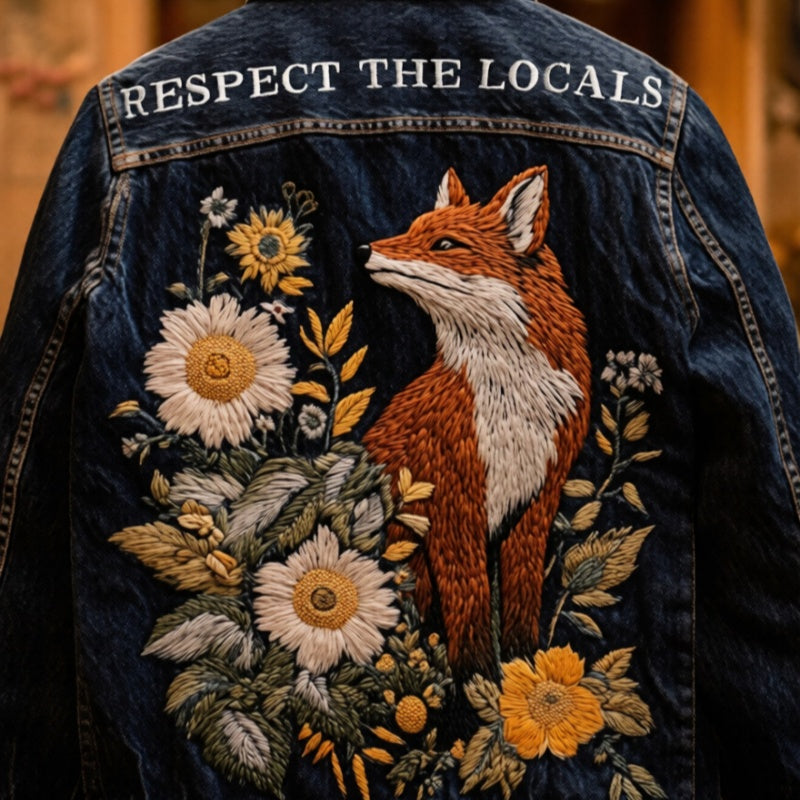 Women's Retro Washed Spliced 3D Printed Flanged Cuffs Denim Jacket