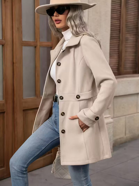 New Style Women's Autumn And Winter Medium-length Elegant Woolen Coat, Lapel Button Elegant Slim-fitting Woolen Coat