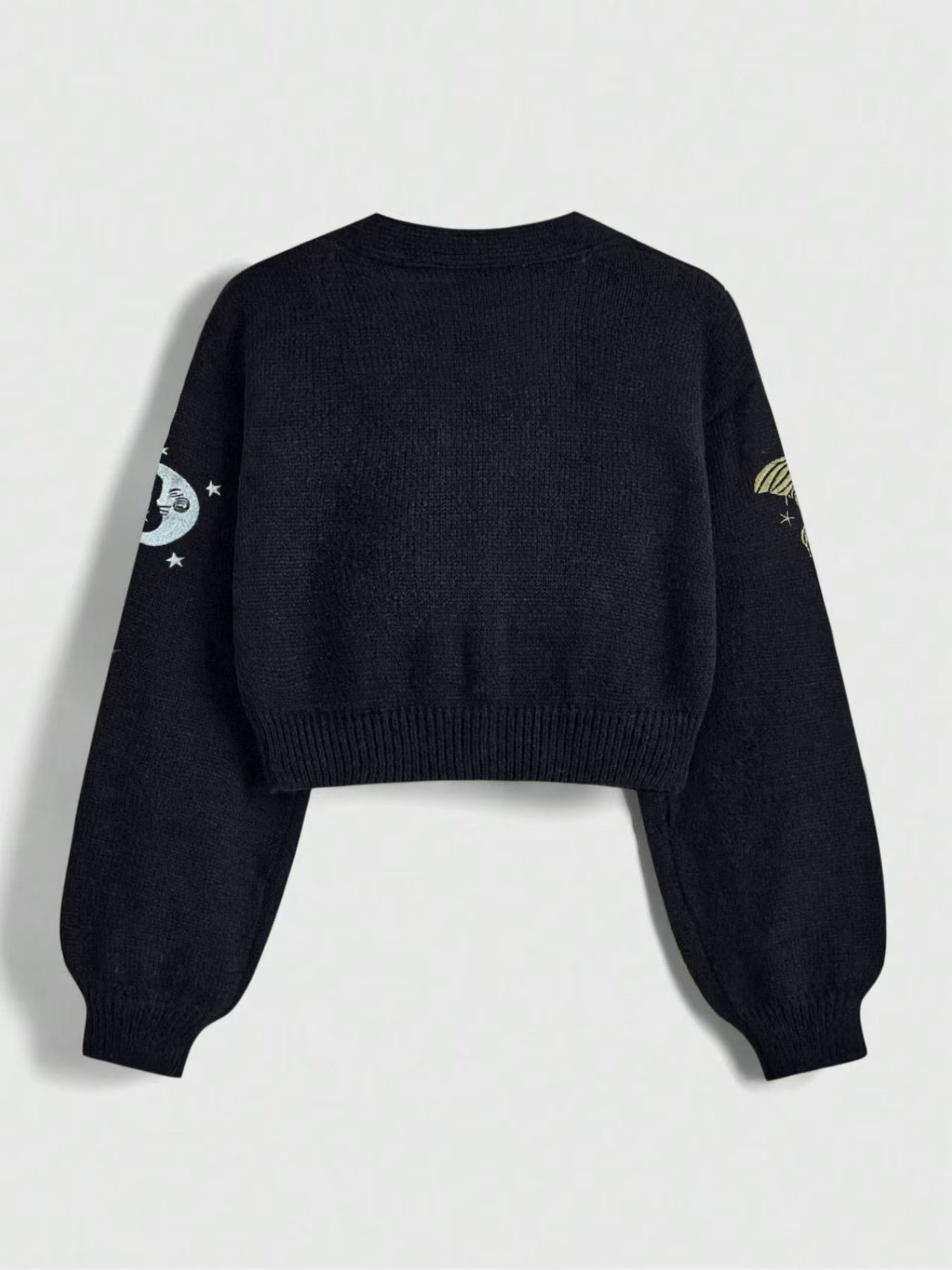 New Women's Embroidery Button Knitted Cardigan Sweater With Sun And Moon Pattern Lantern Sleeves V-neck Cardigan Top