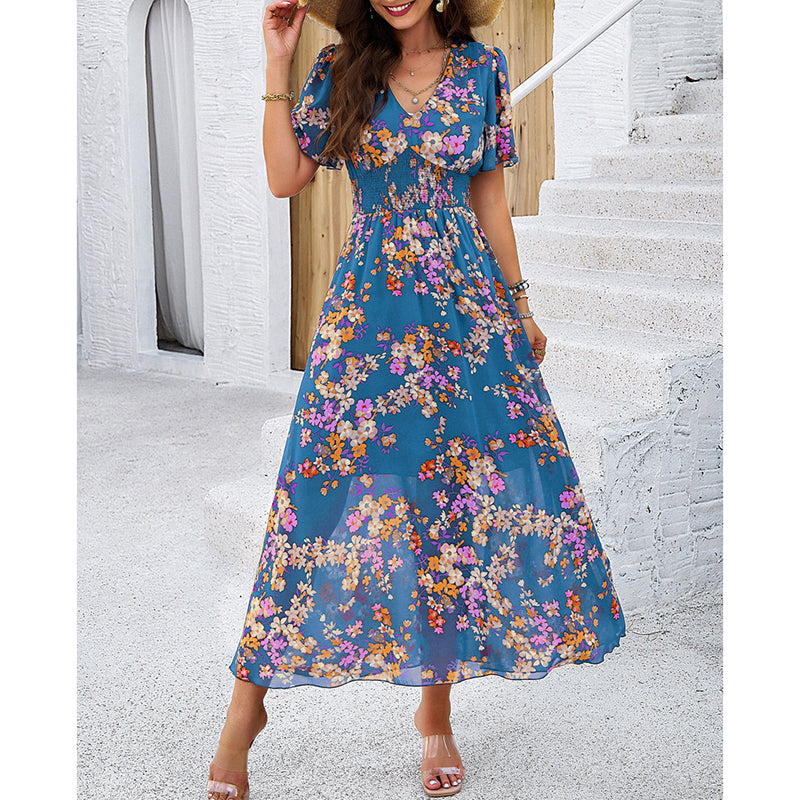 Women's Floral Puff Sleeve Midi Dress - Boho V-Neck Smocked Dress