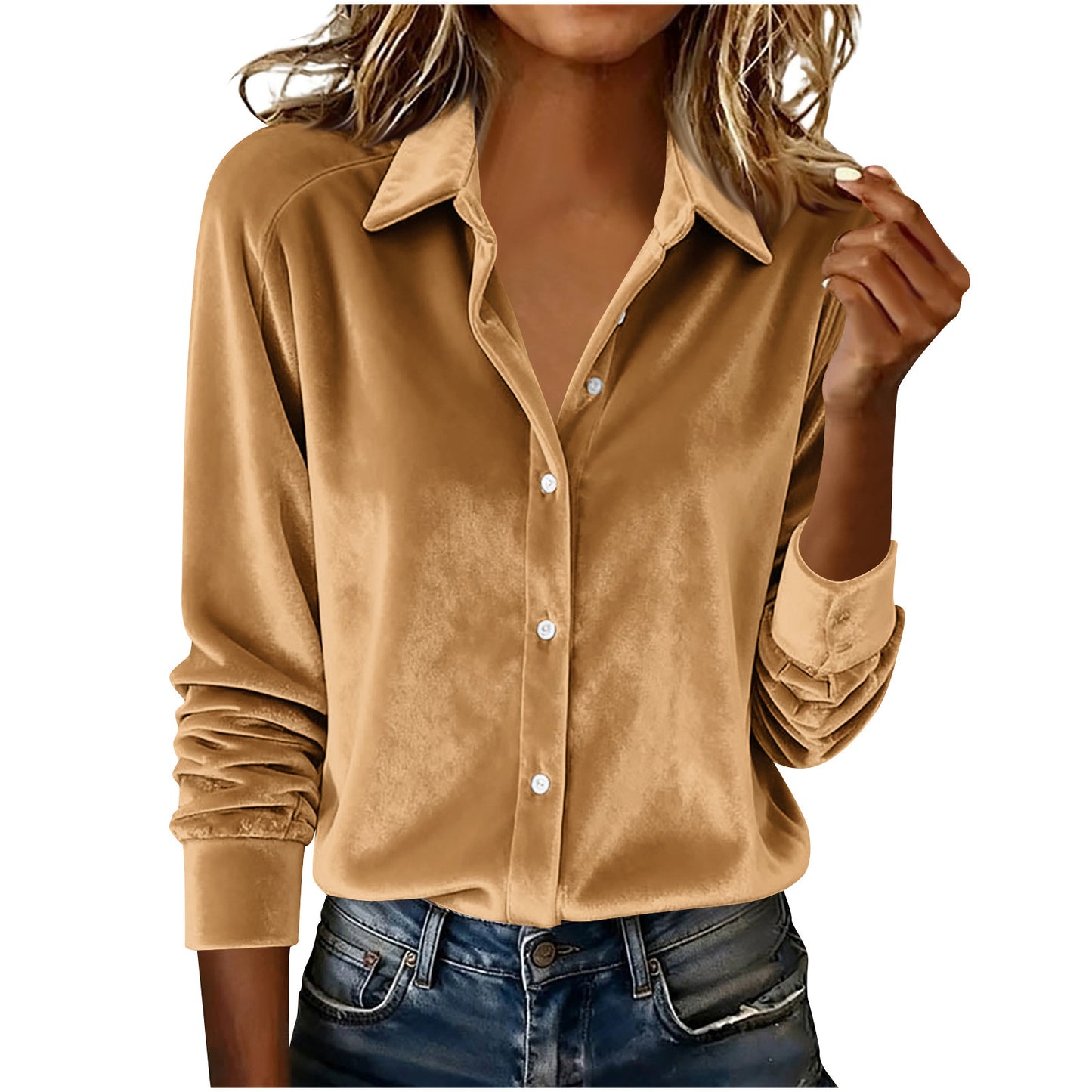 Versatile Solid-color Gold-velvet Shirt With A Lapel Collar