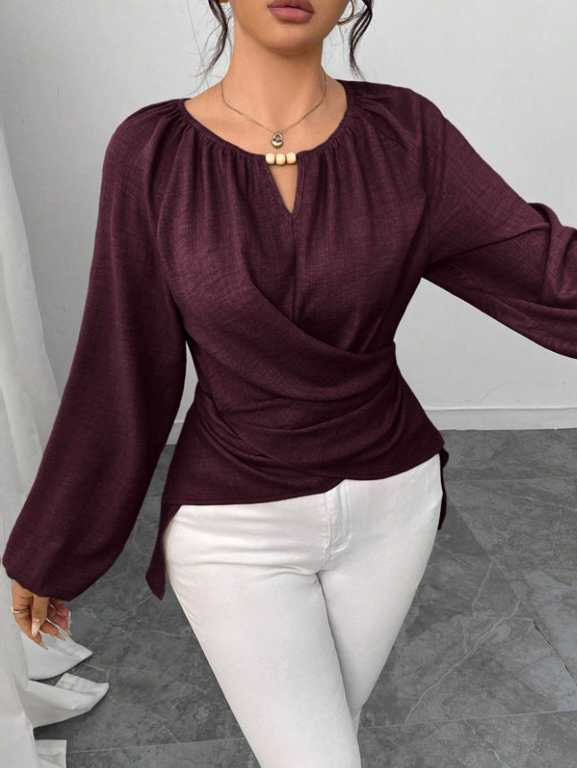 Womens Woven Long-sleeve Top With Tie Detailing And An Asymmetrical Hem