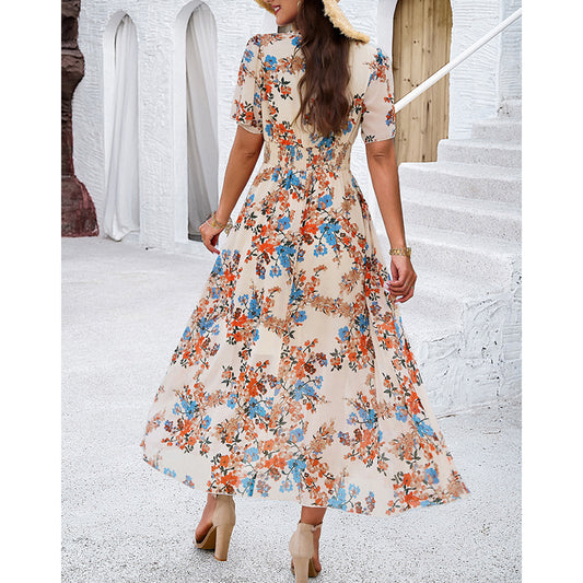 Women's Floral Puff Sleeve Midi Dress - Boho V-Neck Smocked Dress