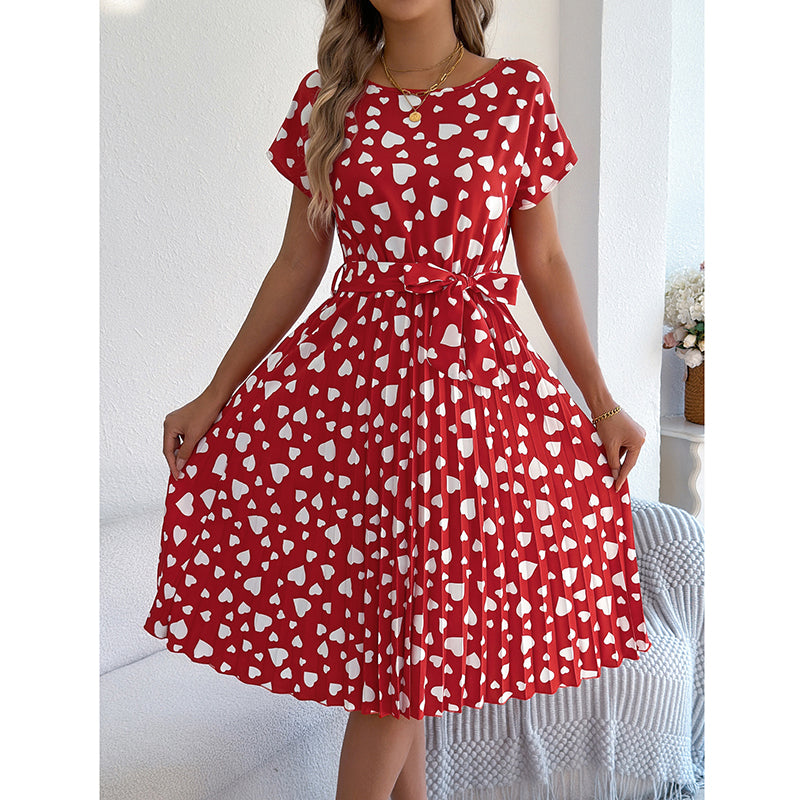 Women's Heart Print Midi Dress - Crew Neck Short Sleeve Belted Pleated Sundress