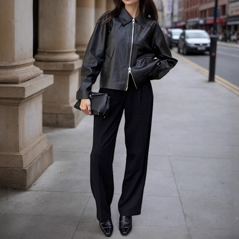 Women's Faux Leather Jacket, Cropped Zip Up Long Sleeve Casual Coat With Pockets