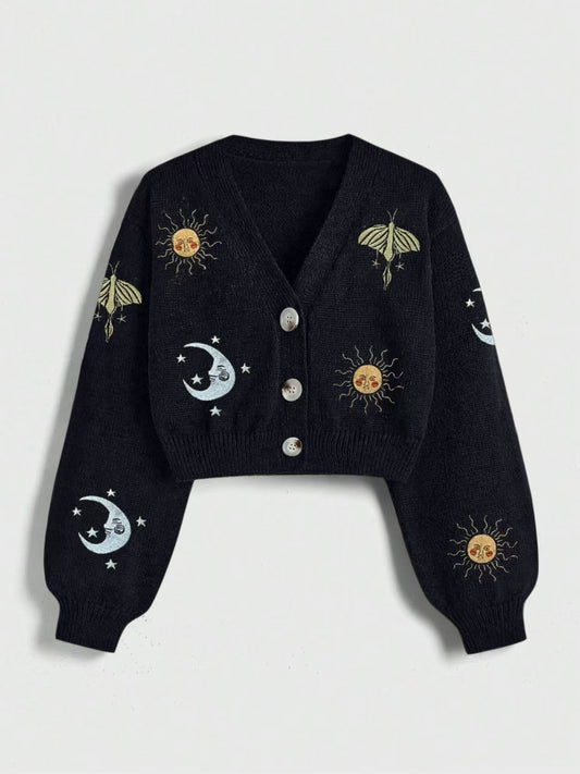 New Women's Embroidery Button Knitted Cardigan Sweater With Sun And Moon Pattern Lantern Sleeves V-neck Cardigan Top