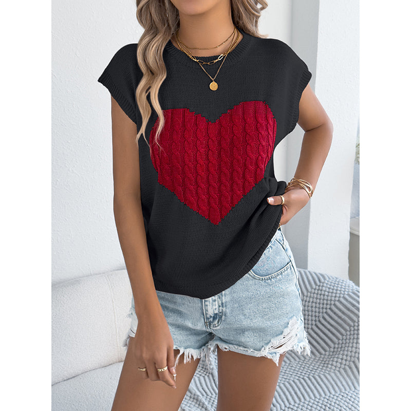 Women's Heart Color Block Knit Top - Casual Sleeveless Valentine Shirt