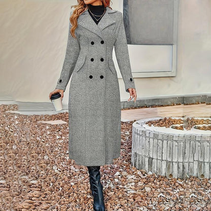 Women's Fall Winter Double Breasted Wool Coat Long Sleeve Notch Lapel Midi Long Trench Coat