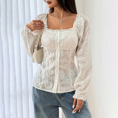 Women's Square Neck Puff Sleeve Eyelet Lace Hollow Out Button Top Blouse