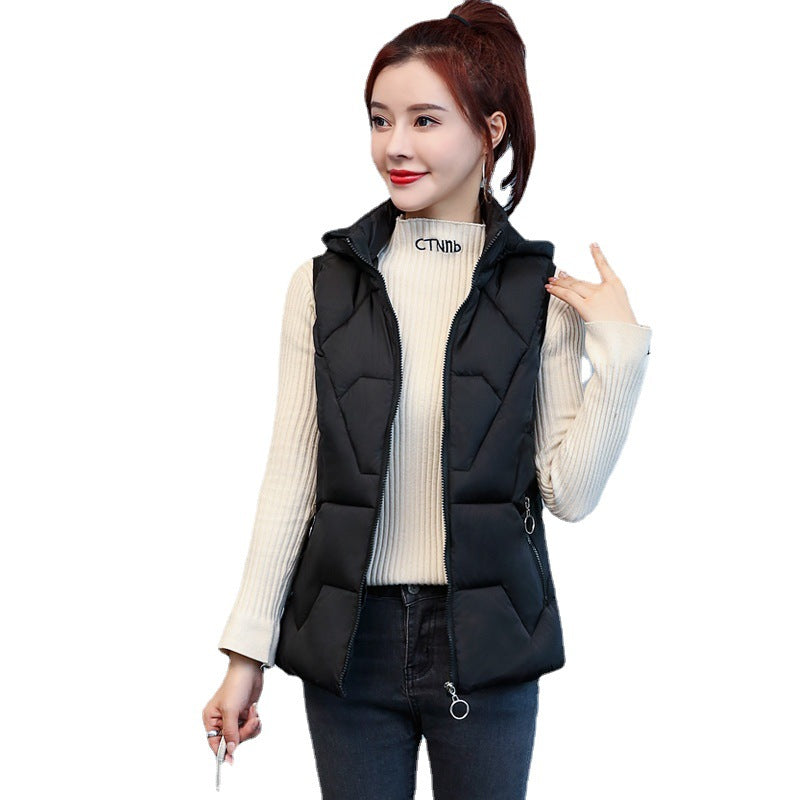 Ladies' Fashion Down Cotton Vest Short Mom Hooded Wear Warm Vest
