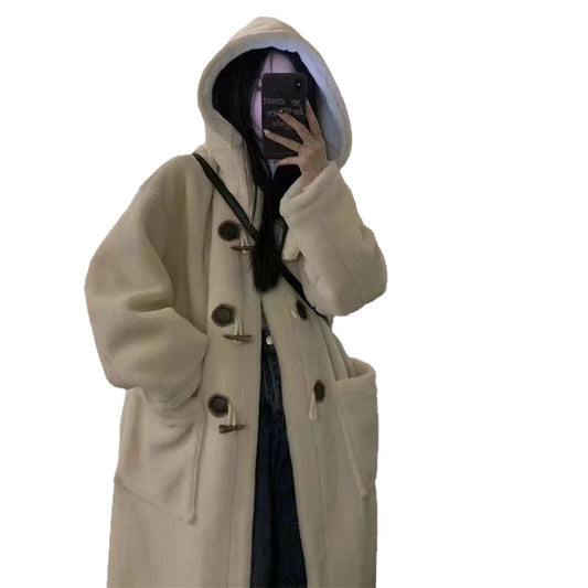 Mid-length Horn Button Lamb Wool Coat For Women