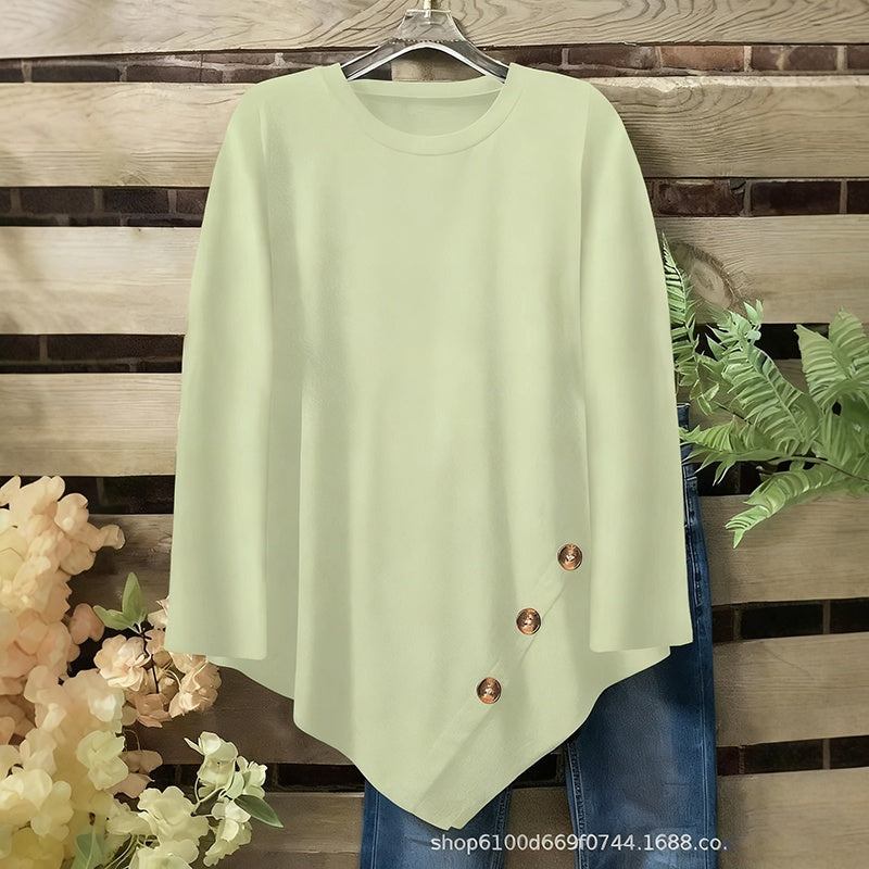 Plus Size Women's Round Neck Long Sleeve Top With Asymmetric Hem & Button Detail, Solid Color Casual Pullover For Spring Autumn