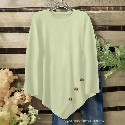 Plus Size Women's Round Neck Long Sleeve Top With Asymmetric Hem & Button Detail, Solid Color Casual Pullover For Spring Autumn