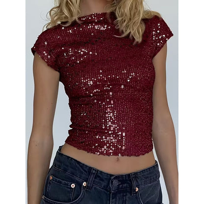 Women's Sexy Backless Sequin Top Glittery Shimmering Party Wear