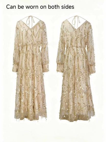 New Women's Best-selling Women's Clothing, Spring And Summer New Long-sleeved Sequined Fringed Women's Long Dress