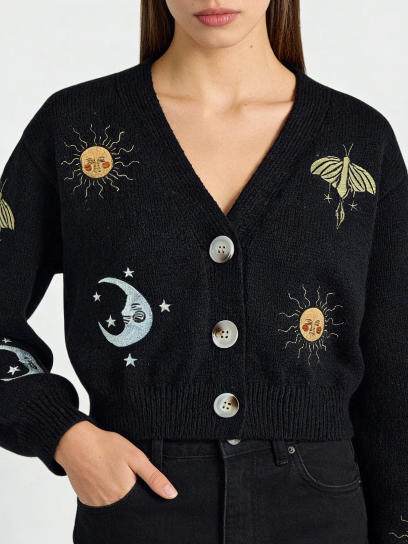 New Women's Embroidery Button Knitted Cardigan Sweater With Sun And Moon Pattern Lantern Sleeves V-neck Cardigan Top