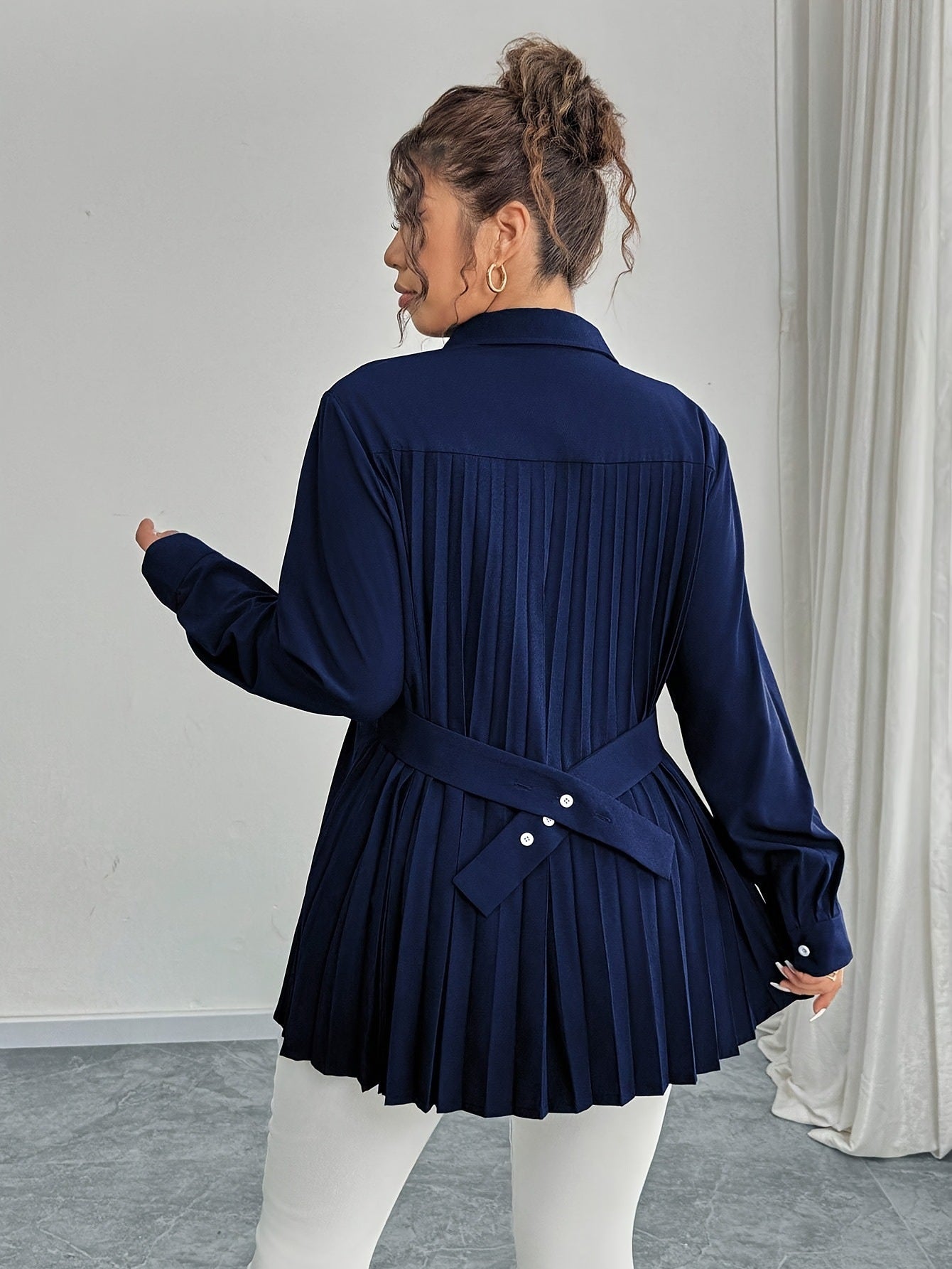 Elegant Casual Solid-color Shirt With Waist Pleats