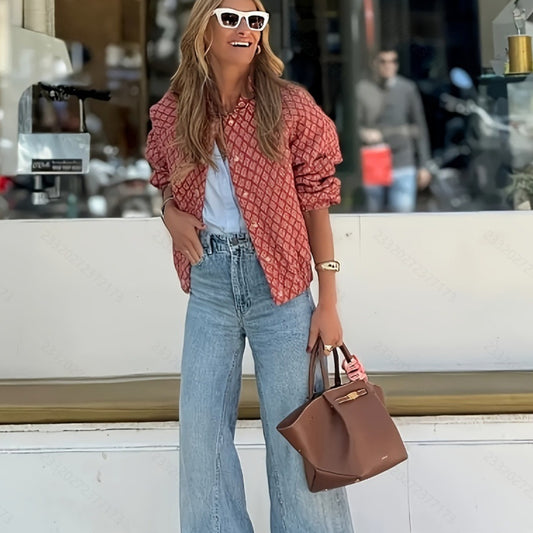 Womens Letter-Print Jacket With Buttons And Long Sleeves