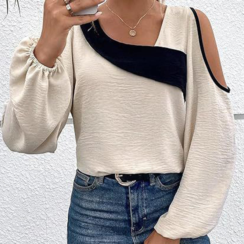 Women's Cold Shoulder Color Block Long Sleeve Tee Shirt Casual Going Out Top