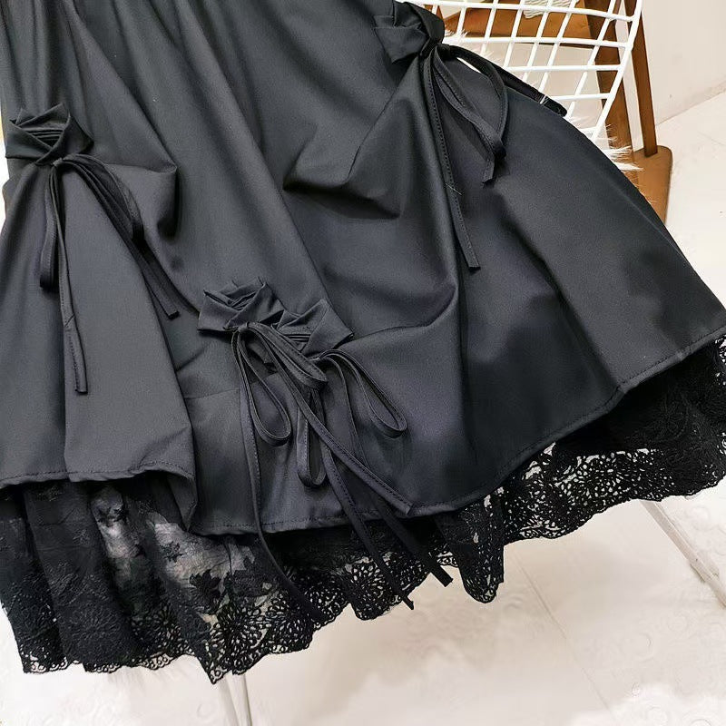 High-waisted Bow Heavy Work Spliced Lace A-line Midi Skirt