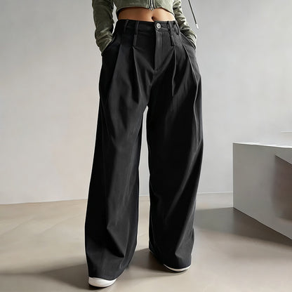 Women's Solid Color High-Waisted Pleated Pants, Wide Leg Trousers With Pockets For Casual Spring And Fall Wear