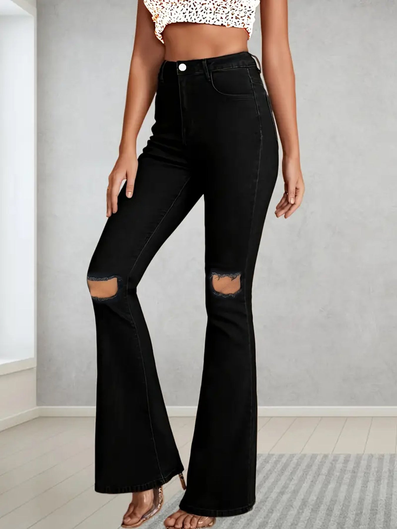 Women's Jeans In Plus Size, American Style With Ripped Holes, Micro Flared Jeans, High Waisted Flared Pants, Elastic Slim Fit Pants, Slimming Pants, Trendy Loose Casual Versatile Denim Straight Leg Pa