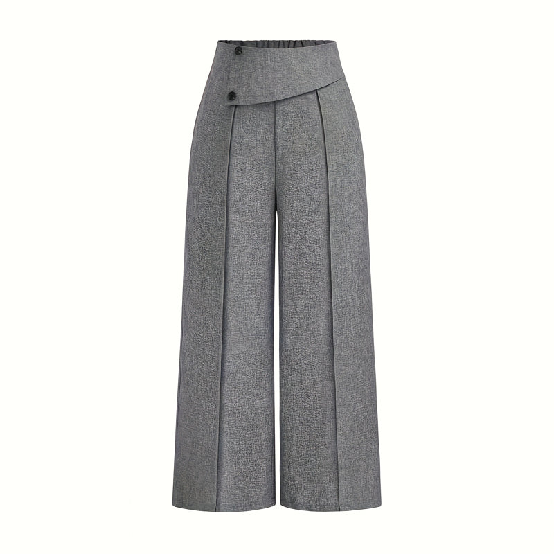 Women's Elegant High-Waisted Wide Leg Pants, Solid Color Button Detail Trousers For Office And Casual Wear