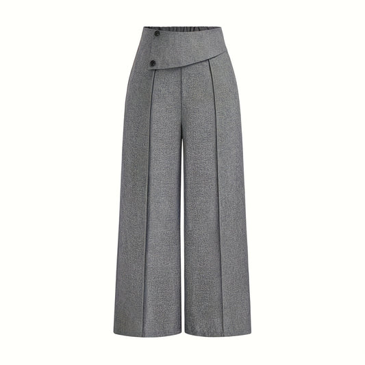 Women's Elegant High-Waisted Wide Leg Pants, Solid Color Button Detail Trousers For Office And Casual Wear