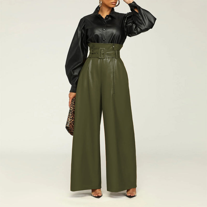 Women's Fashion High-Waisted PU Wide-Leg Pants, Solid Color Metal Belt Detail Trousers With Pockets