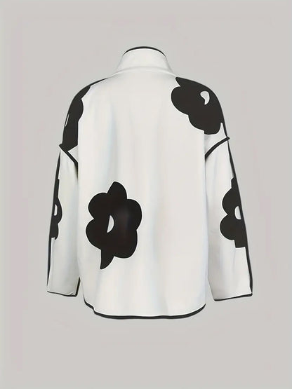 New Style Women's Long-sleeved Loose Contrast-colored Flower-printed Slit Stand-collar Jacket Wool Jacket
