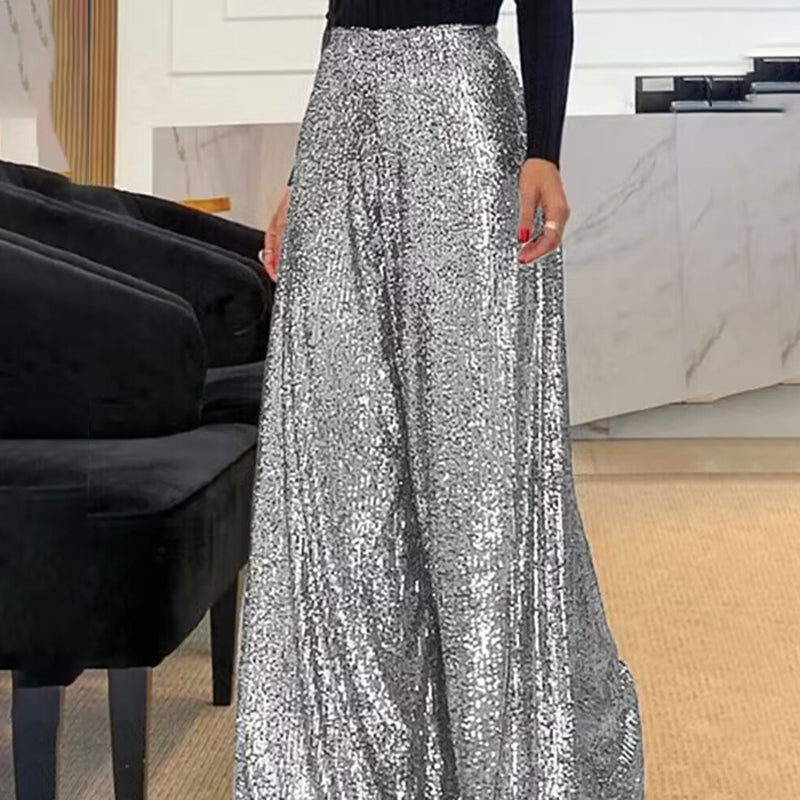 Women's Sequin Palazzo Pants Glitter Casual Loose Wide Leg Long Trouser