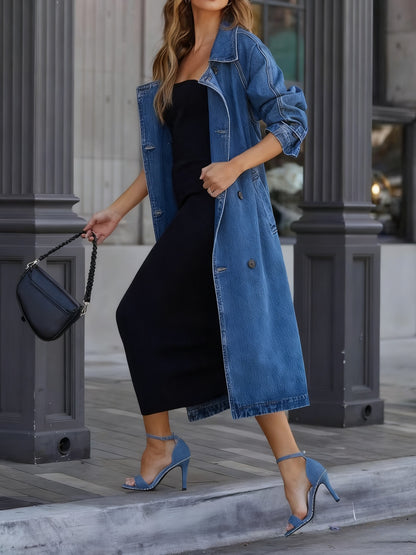 New Fashionable Denim Women's Windbreaker, Pure Color Turtleneck Long-sleeved Lace-up Long Denim Jacket For Women