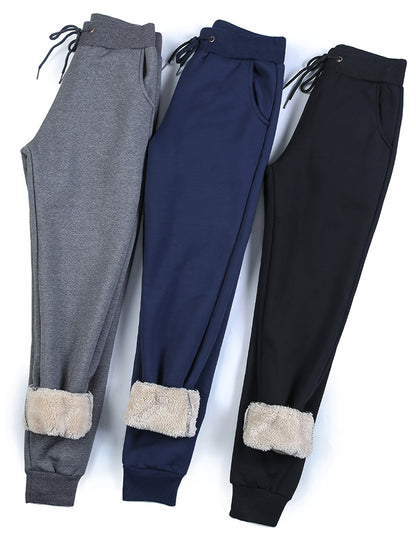 Women's Fleece Sweatpants Jogger Fleece Pants With Drawstring Waist, Boyfriend Style, Long, Solid Color, Slightly Stretchy Fabric