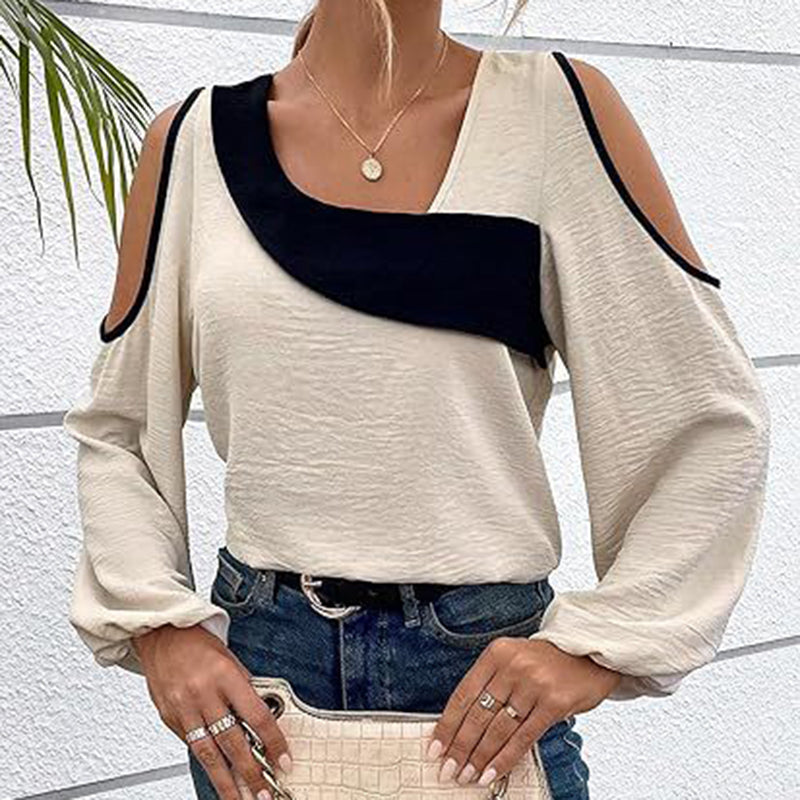 Women's Cold Shoulder Color Block Long Sleeve Tee Shirt Casual Going Out Top