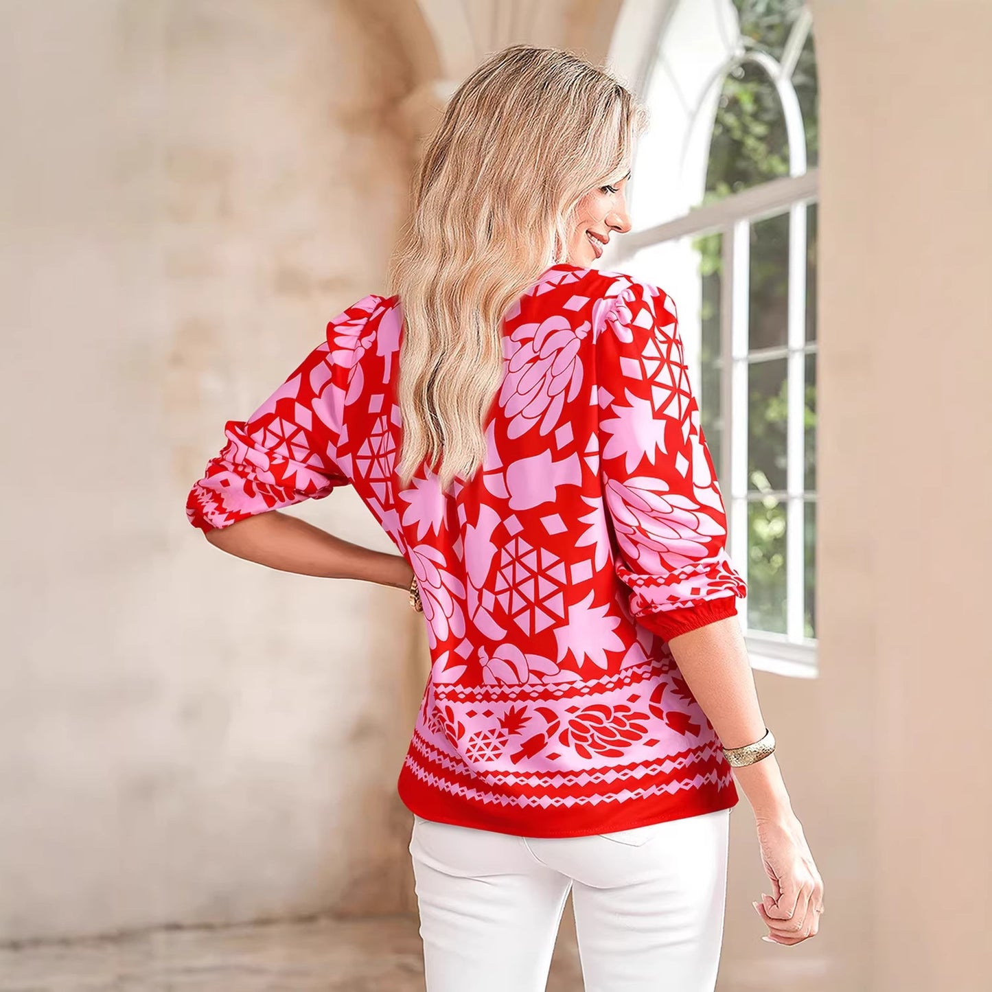 Womens New Pointed-Collar Printed Long-Sleeve Cardigan Shirt