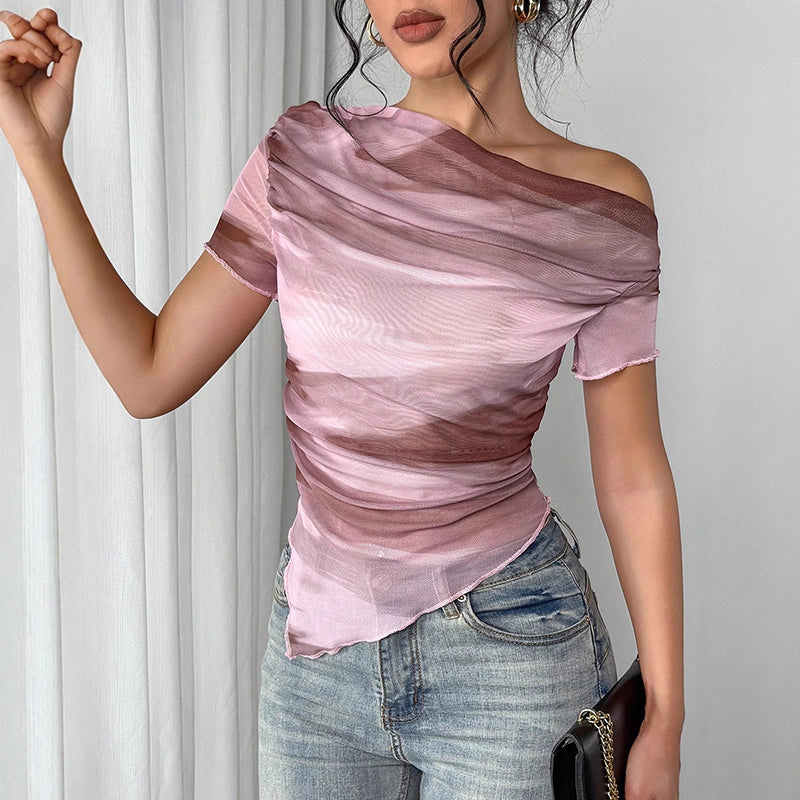 Women's Tie Dye One-Shoulder Mesh Top Ruched Asymmetrical Tee