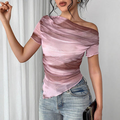 Women's Tie Dye One-Shoulder Mesh Top Ruched Asymmetrical Tee