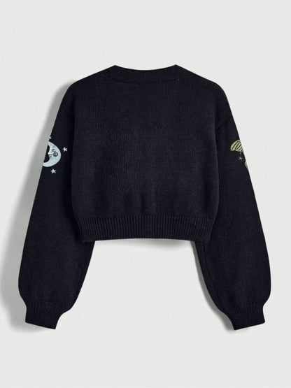 New Women's Embroidery Button Knitted Cardigan Sweater With Sun And Moon Pattern Lantern Sleeves V-neck Cardigan Top