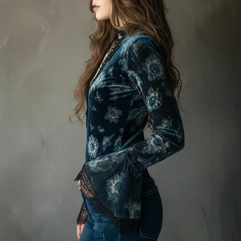Women's Retro Lace Panel Blouse Elegant V-Neck Print Bell Long Sleeve Top For Spring Autumn Daily Wear