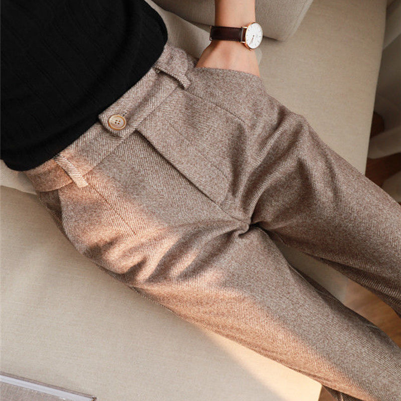Women's Solid Color Wool-Like Tapered Trousers, Classic Ankle-Length Pants For Office And Formal Wear