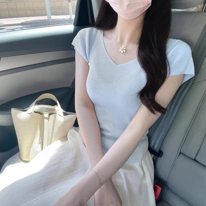 Cream-yellow V-neck Cap-sleeve Short-sleeve Womens Summer Top