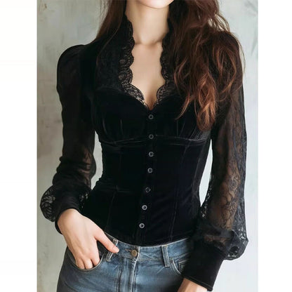 Women's French-style Black Velvet And Lace Patchwork Top
