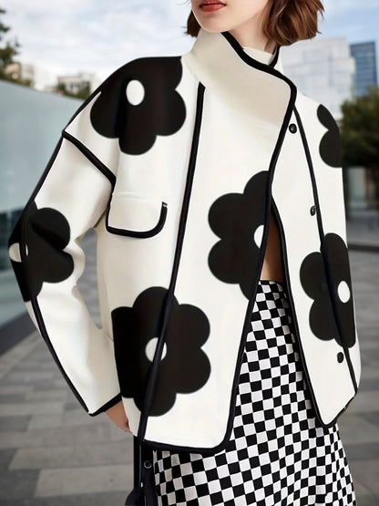 New Style Women's Long-sleeved Loose Contrast-colored Flower-printed Slit Stand-collar Jacket Wool Jacket