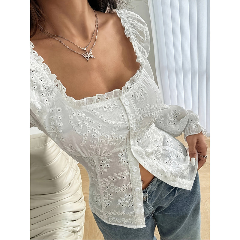 Women's Square Neck Puff Sleeve Eyelet Lace Hollow Out Button Top Blouse
