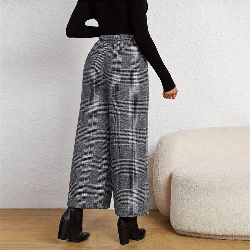 Women's Spring Fashion Plaid Wide-Leg Ninth Pants With Double-Breasted Decoration For Daily Office Wear