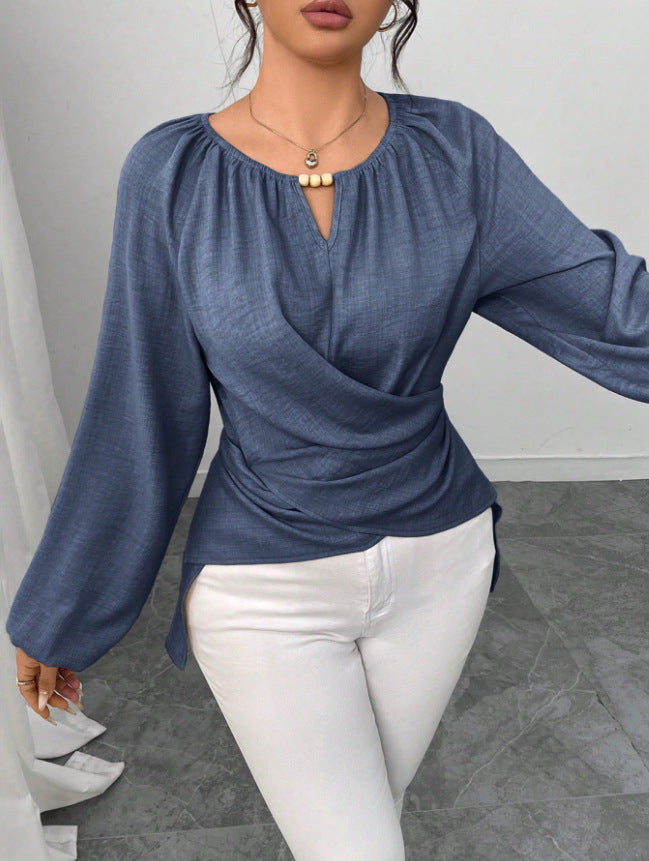 Womens Woven Long-sleeve Top With Tie Detailing And An Asymmetrical Hem