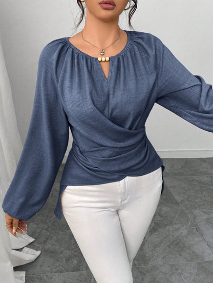 Womens Woven Long-sleeve Top With Tie Detailing And An Asymmetrical Hem