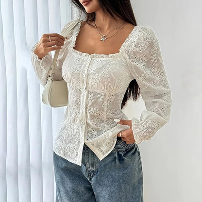 Women's Square Neck Puff Sleeve Eyelet Lace Hollow Out Button Top Blouse