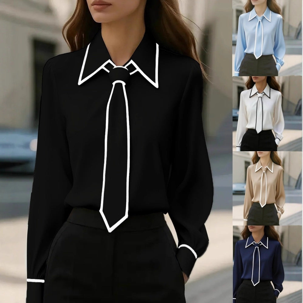 Autumn Fashion Solid Color Commute Tie Long Sleeve Shirt Women's Clothing